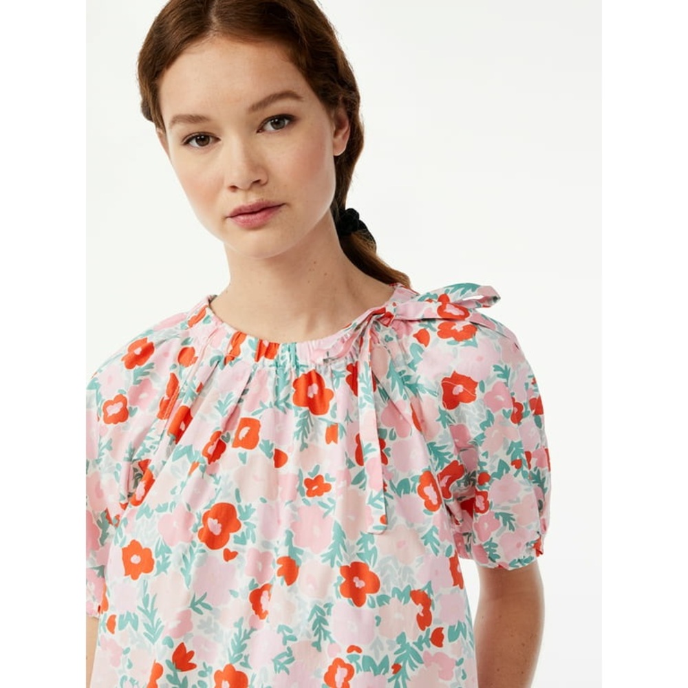 Free Assembly Women's Tie Neck Blouson Mini Dress with Short Sleeves